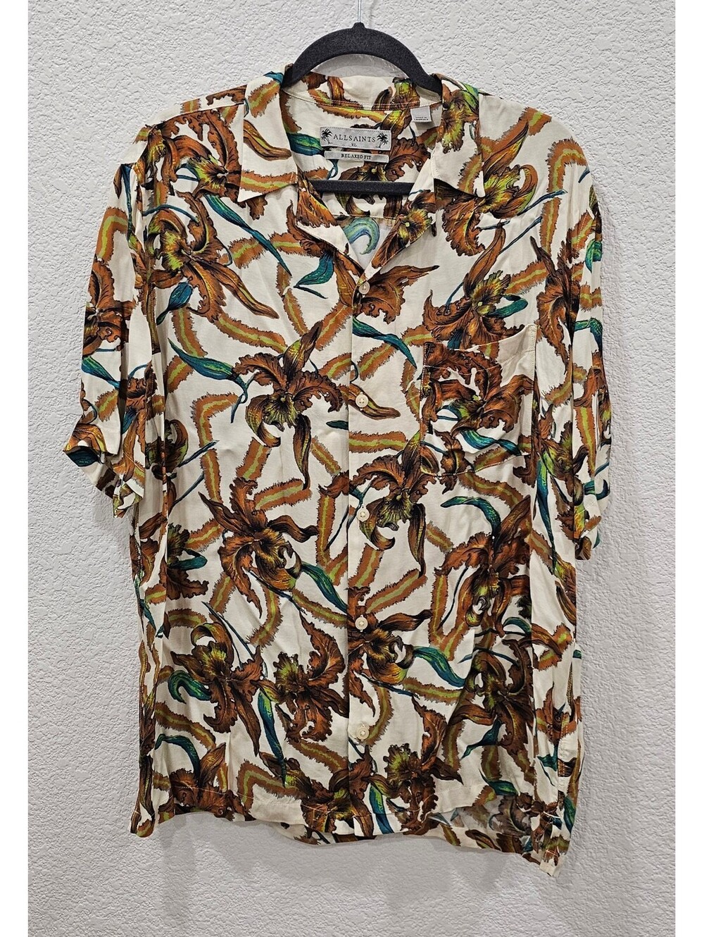 AllSaints Mesquida Shirt Men’s XL Floral Camp Collar Relaxed Fit Viscose